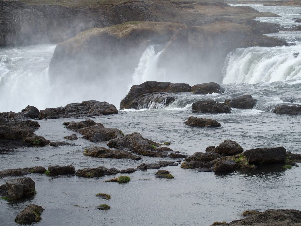 Wasserfall, Fluss, Nebel, Steine, Island, Godafoss
